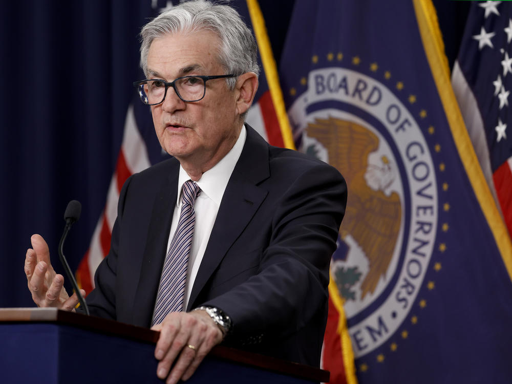 Federal Reserve Board Chair Jerome Powell delivers remarks at a news conference in Washington, D.C., on May 3, 2023. Shares of smaller lenders continued to sink a day after Powell sought to reassure investors about the banking sector.