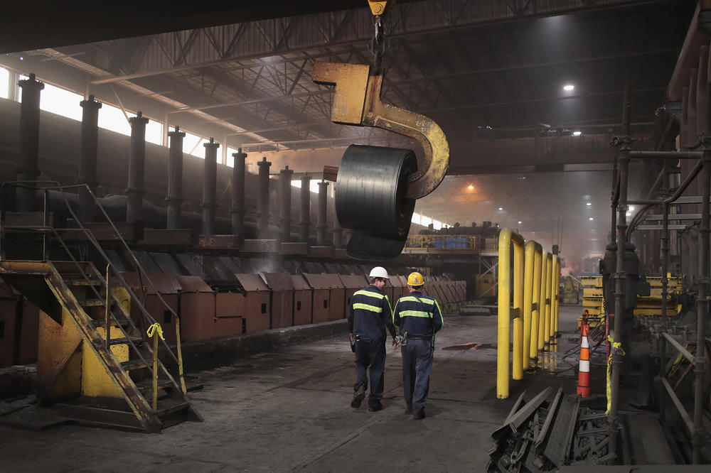 Workers at a steel mill in Indiana. In the U.S., some see a carbon border tax as a way to protect American manufacturers that generate less carbon pollution than their competitors overseas.