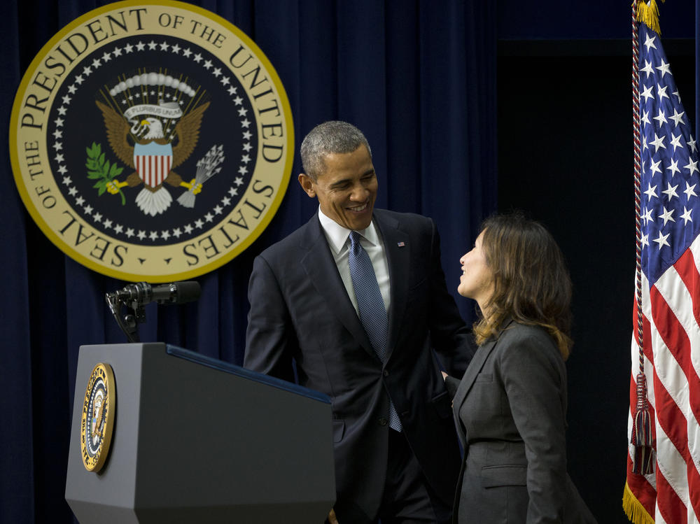 Then-President Barack Obama is introduced by Julie Chávez Rodríguez before the screening of a film about her grandfather on March 19, 2014.