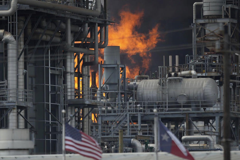 A fire burns at a Shell chemical facility in Deer Park, Friday, May 5, 2023 east of Houston.