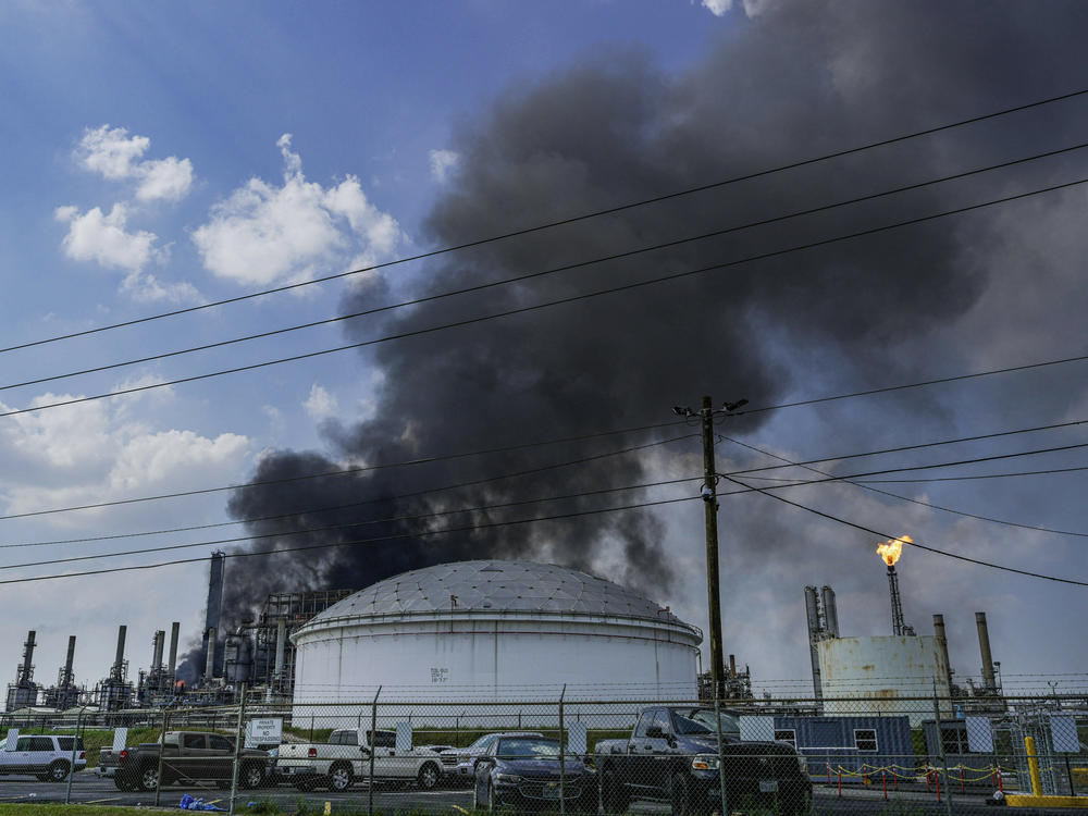 A fire burns at a Shell chemical facility in Deer Park, Friday, May 5, 2023, east of Houston.