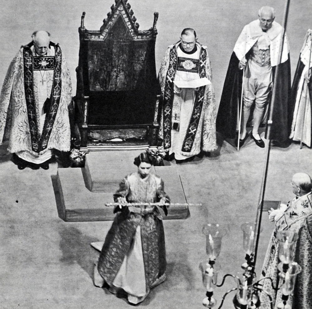 At Westminster Abbey, Queen Elizabeth II is coronated in June 1953.