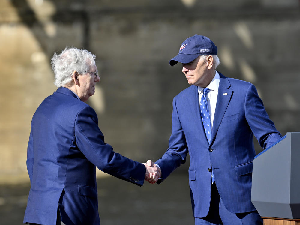 President Biden and Senate Minority Leader Mitch McConnell in Covington, Ky., earlier this year to highlight Biden's economic plan on rebuilding infrastructure and creating good paying jobs.