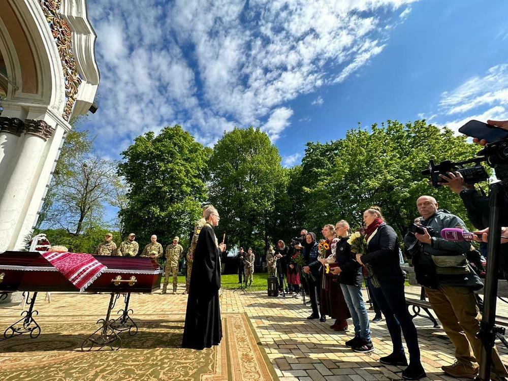 Father George Kovalenko gives a eulogy at Christopher James Campbell's funeral in Kyiv, Ukraine on May 5, 2023.