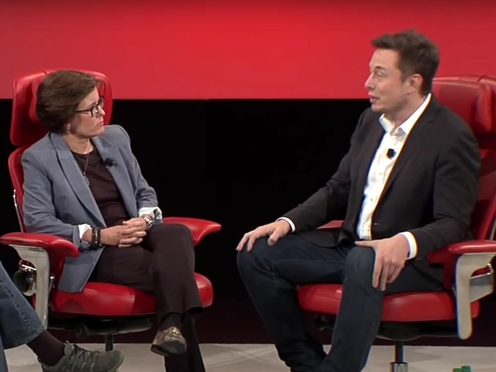 Elon Musk speaking to journalists Kara Swisher and Walt Mossberg at a conference in 2016. Musk's lawyers recently tried to argue in court that comments he made at that event could have been altered.