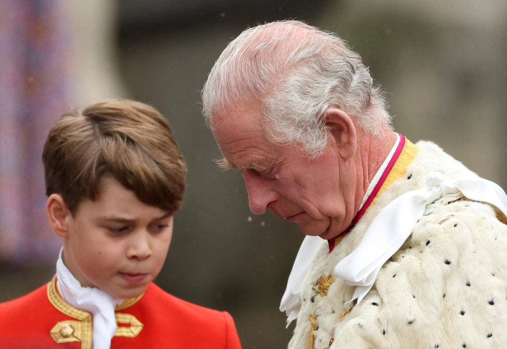 Britain's King Charles and Prince George stand during the coronation ceremony at Westminster Abbey.