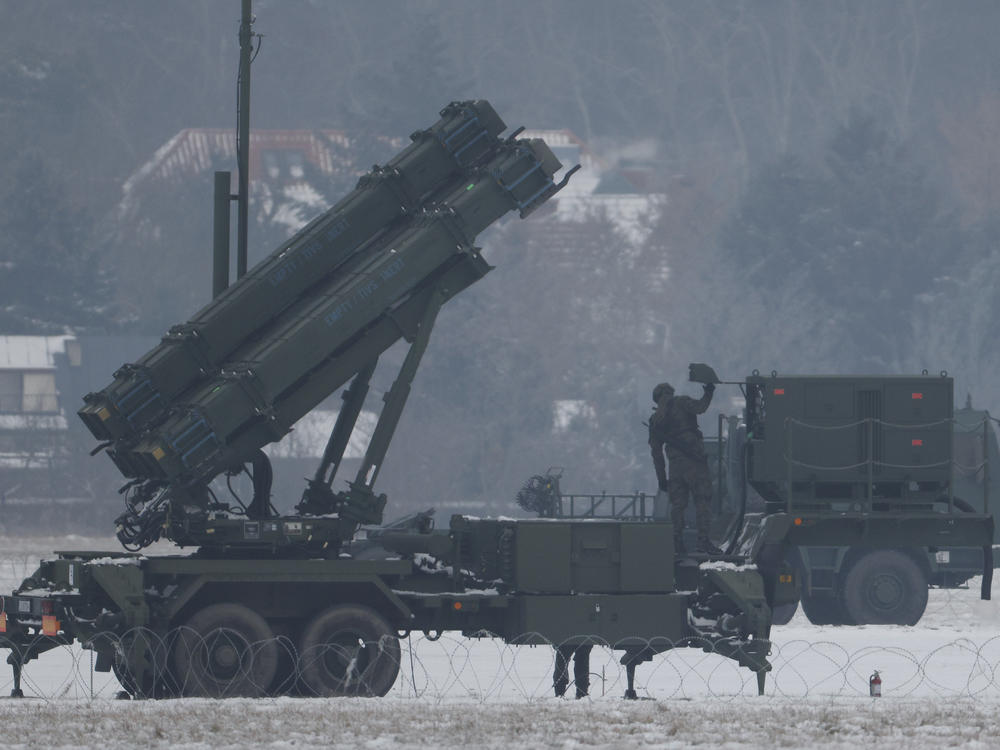Patriot missile launchers acquired from the U.S. are seen deployed in Warsaw, Poland, in February.