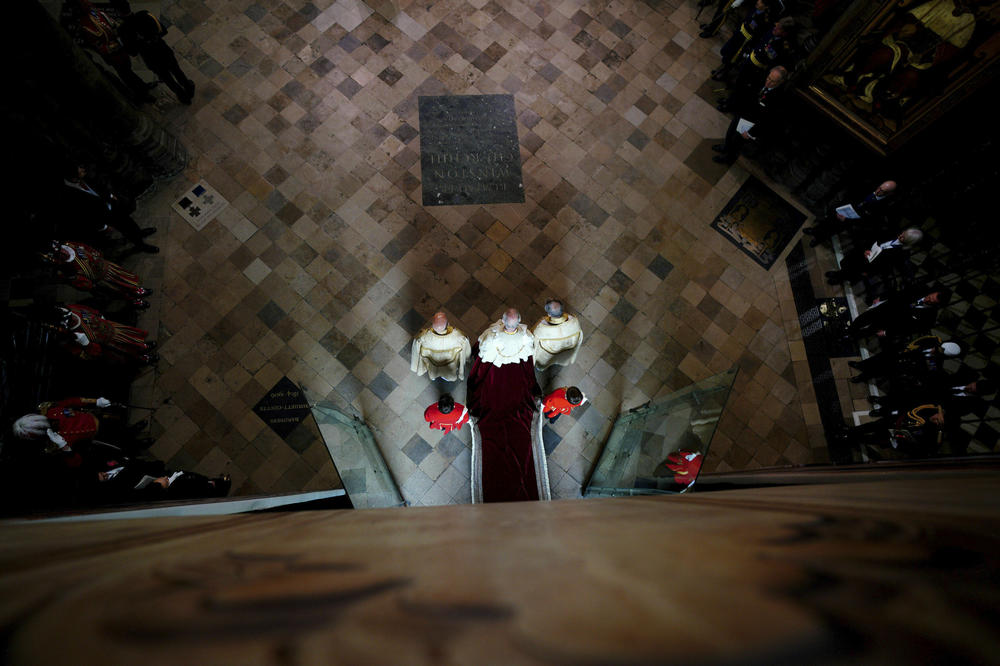 King Charles III arrives for his coronation ceremony at Westminster Abbey in London.