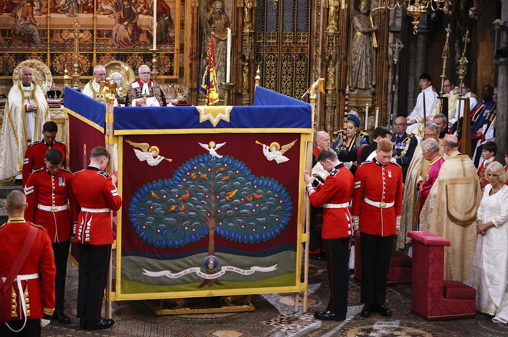 An anointing screen is erected for Britain's King Charles III during his coronation ceremony in Westminster Abbey.