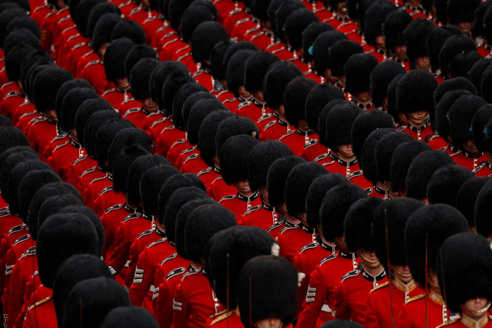 Troops march on the day of the coronation of Britain's King Charles III and Queen Camilla.