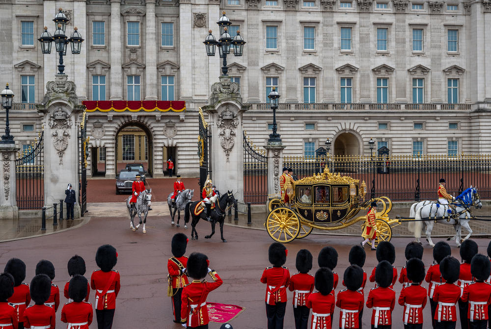 King Charles III and Camilla, Queen Consort traveling in the Diamond Jubilee Coach during the Coronation of King Charles III and Queen Camilla.