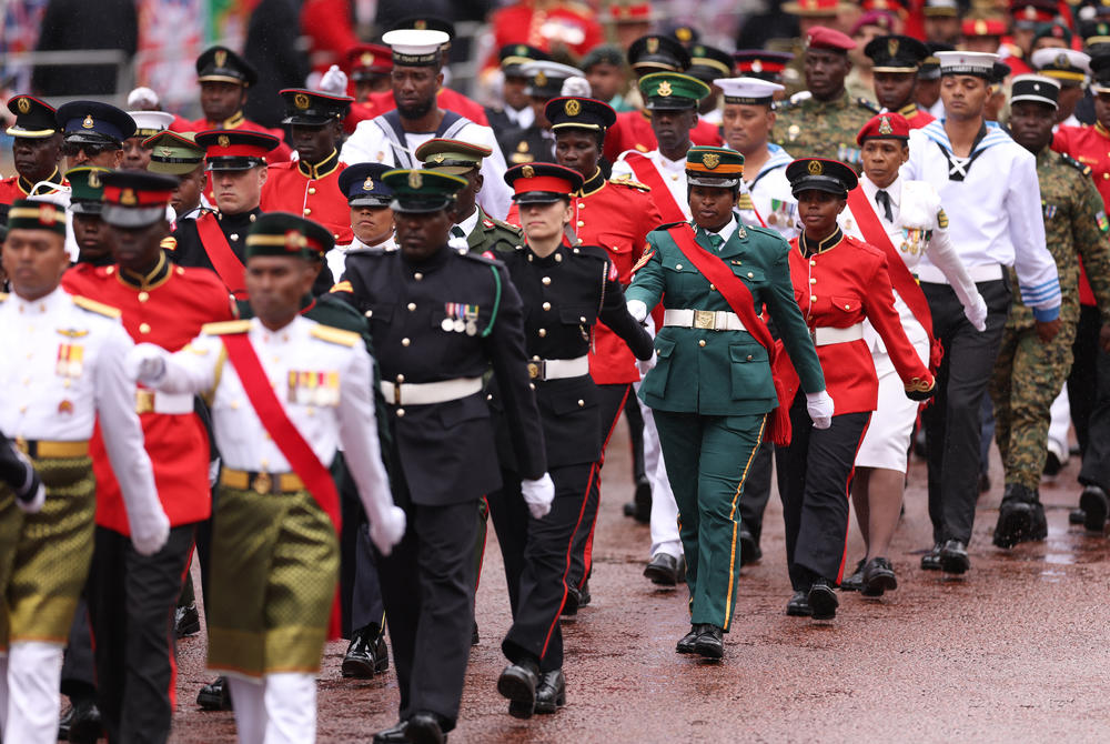 Soldiers, Sailors and Airmen from across the Commonwealth march during the Coronation of King Charles III and Queen Camilla.