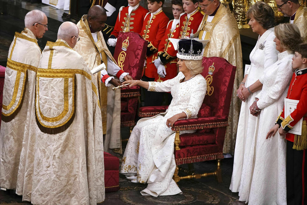 Queen Camilla wears Queen Mary's Crown during her coronation ceremony at the Westminster Abbey.