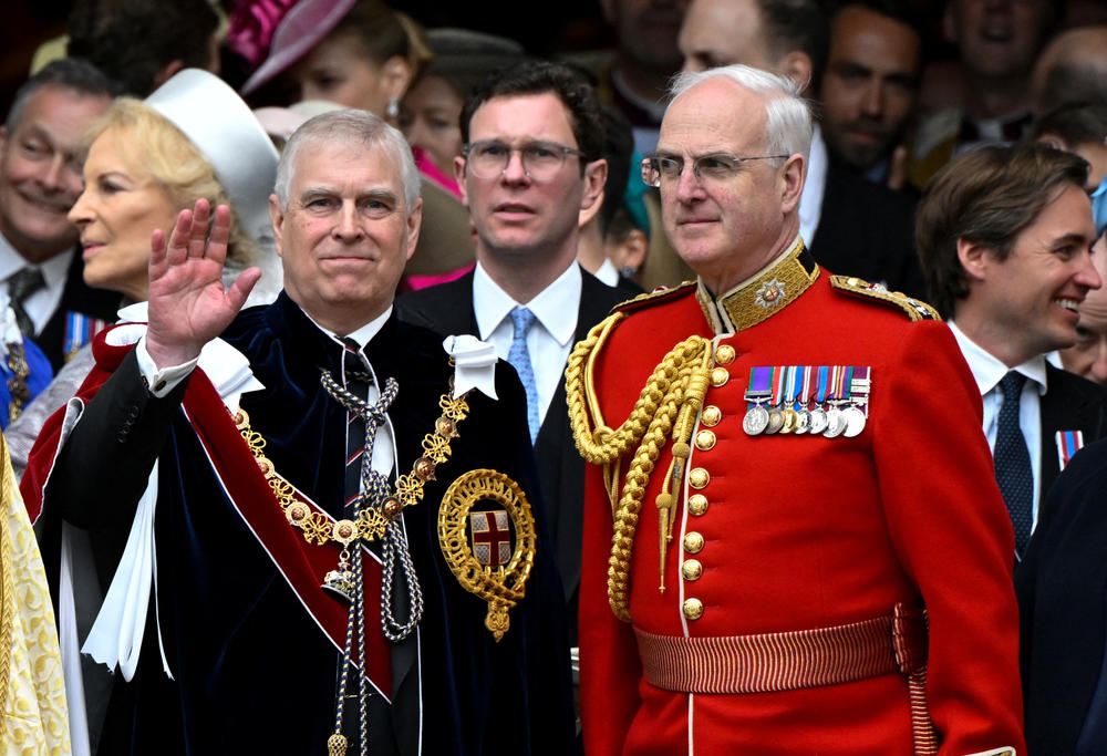 Britain's Prince Andrew, Duke of York leaves Westminster Abbey following the coronation ceremony of King Charles III and Queen Camilla.
