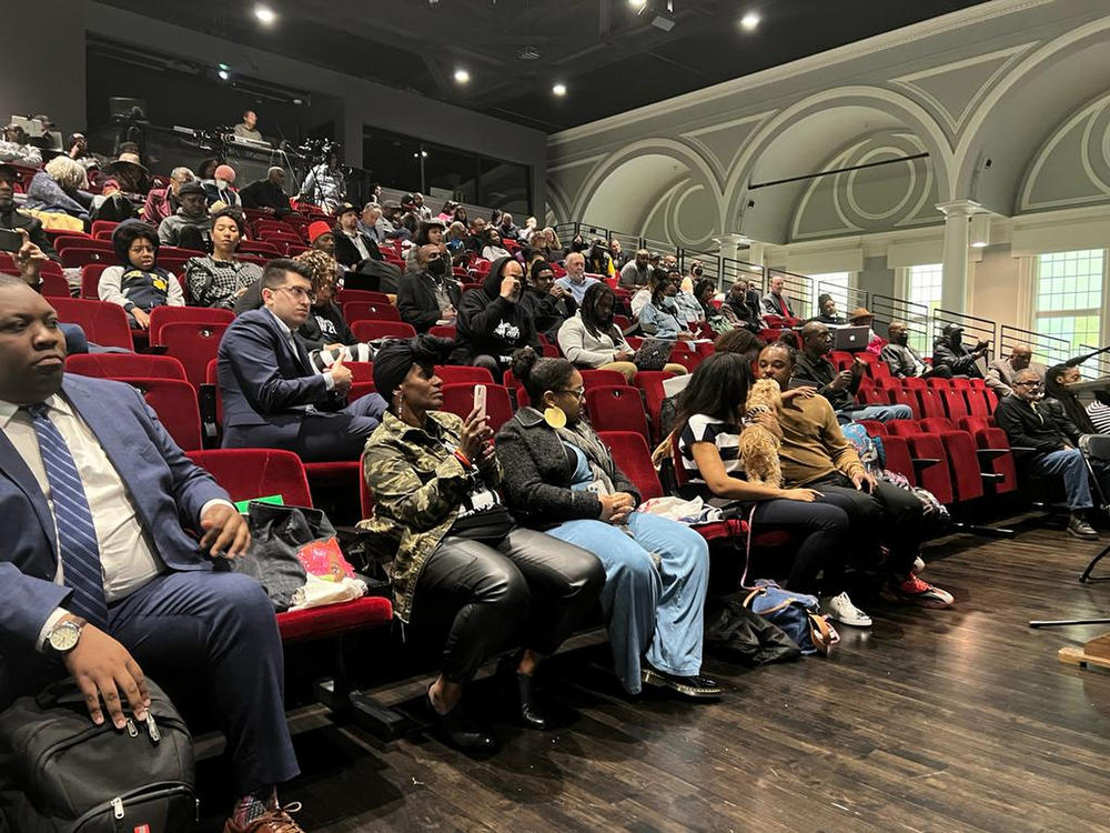 People listen to the California reparations task force, a nine-member committee studying restitution proposals for African Americans, at a meeting at Lesser Hall in Mills College at Northeastern University in Oakland, Calif., on Saturday.