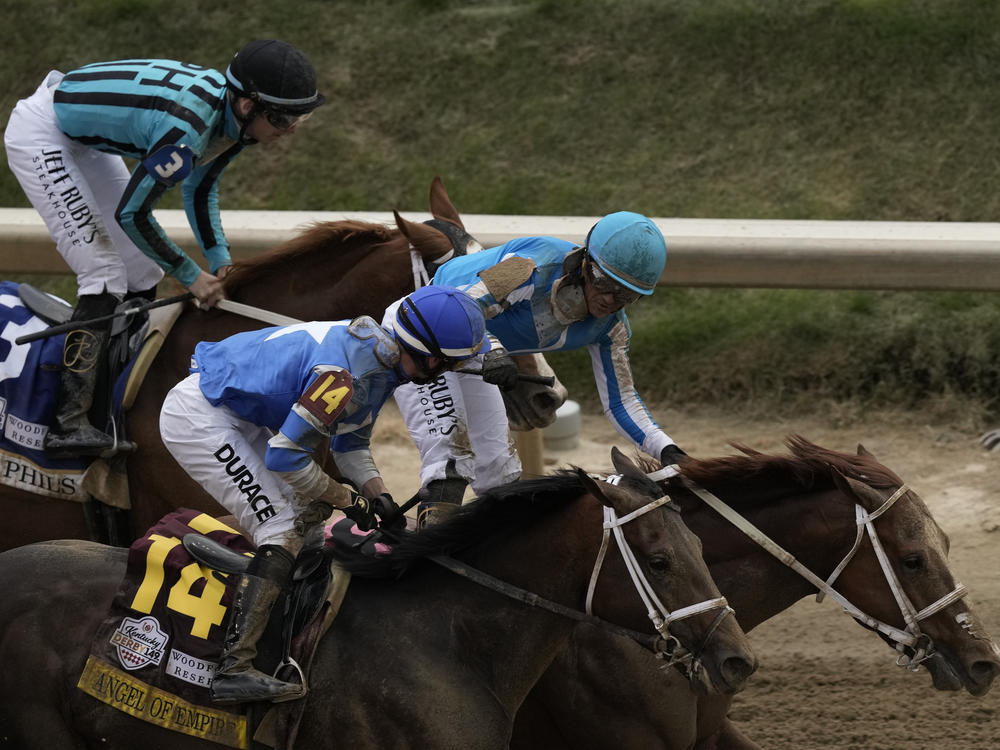 Javier Castellano celebrates after riding Mage to win the 149th running of the Kentucky Derby horse race at Churchill Downs Saturday, May 6, 2023, in Louisville, Ky.