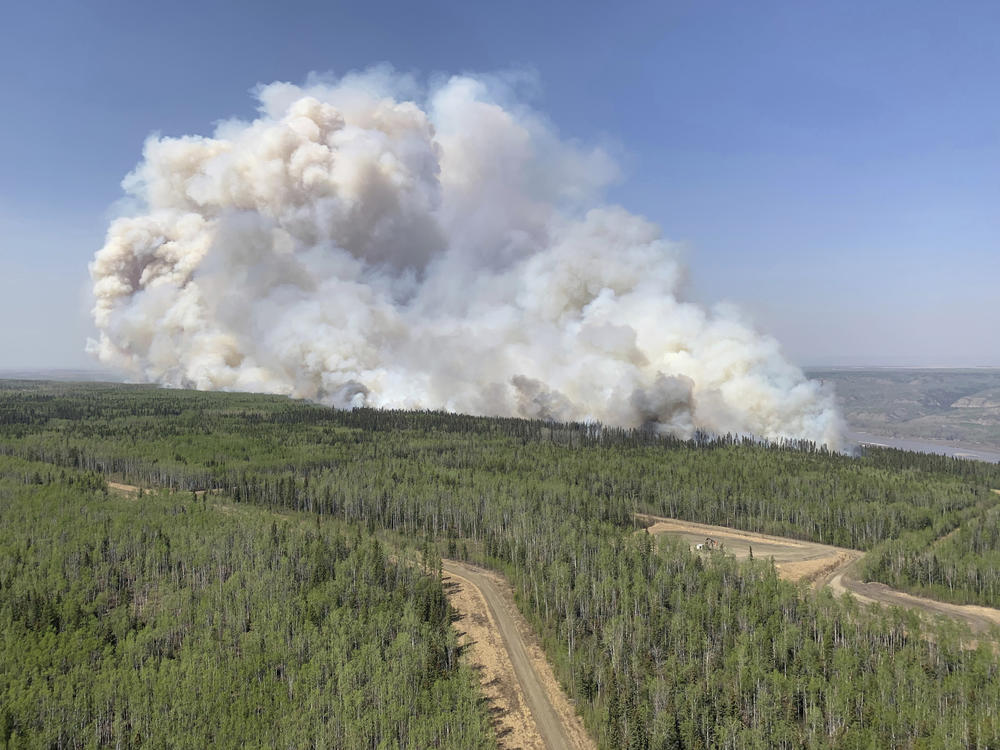 A wildfire burns a section of forest in the Grande Prairie district of Alberta, Canada, on Saturday.