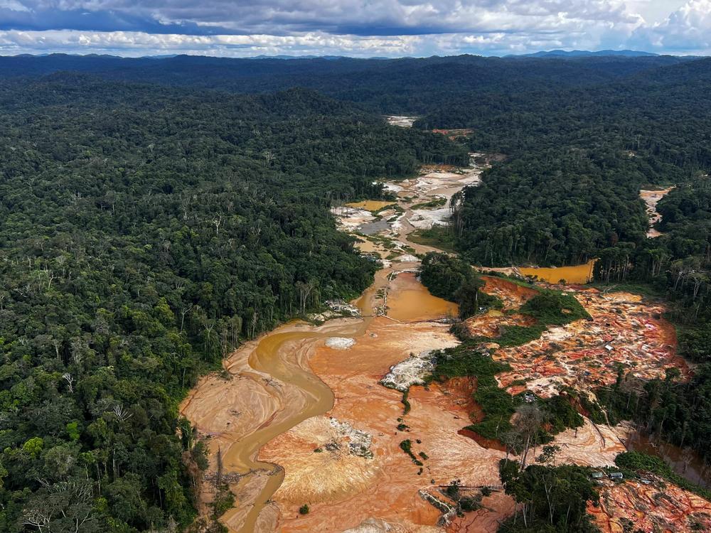 An aerial picture shows an illegal mining camp during an operation by the Brazilian Institute of Environment and Renewable Natural Resources against Amazon deforestation at the Yanomami territory in Roraima state, Brazil, on Feb. 24.