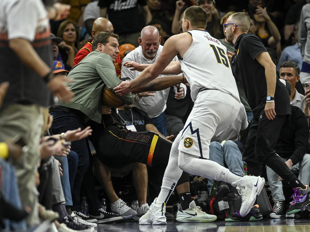 Nikola Jokic during the altercation with Mat Ishbia on Sunday night.