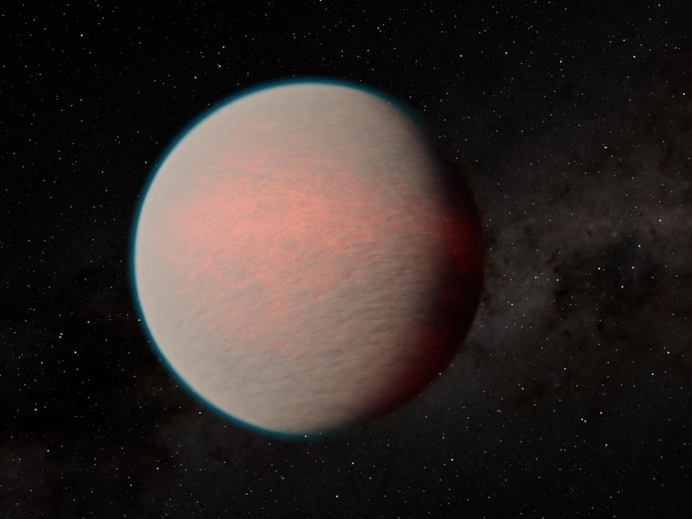 This artist's impression shows a hazy sub-Neptune-sized planet recently observed with the James Webb Space Telescope.