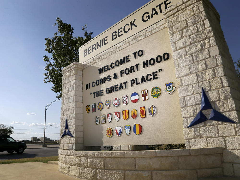 Traffic flows past a welcome sign at Fort Hood, which is being renamed in honor of Richard Edward Cavazos, the Army's first Hispanic four-star general.