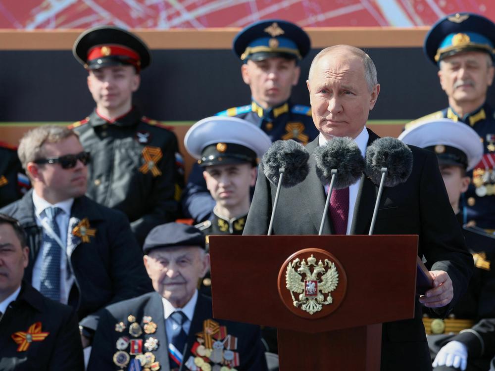 Russian President Vladimir Putin gives a speech during the Victory Day military parade at Red Square in central Moscow on Tuesday.