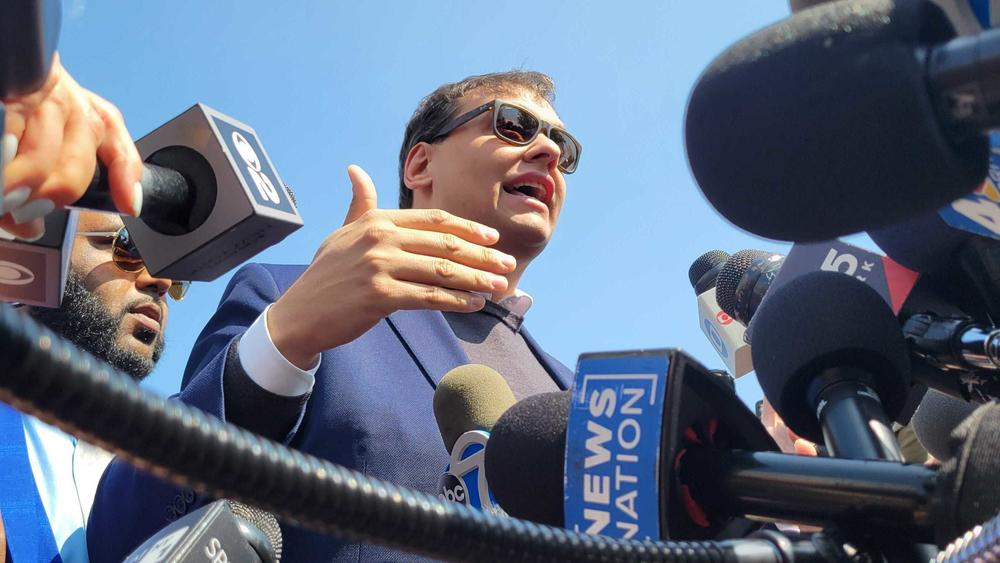 Congressman George Santos addresses reporters following his court hearing in Central Islip, NY. He said he will not resign, will run for reelection and that he will clear his name. 