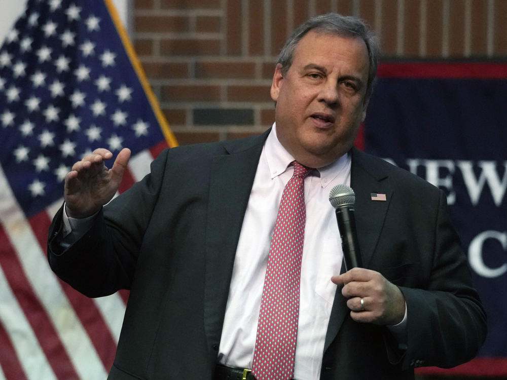 Former New Jersey Gov. Chris Christie addresses a gathering during a town hall style meeting at New England College in Henniker, N.H., on April 20.