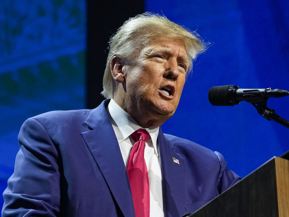 Former President Donald Trump speaks at the National Rifle Association Convention in Indianapolis on April 14.