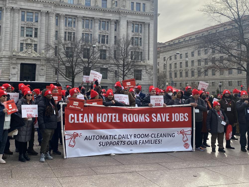 Members of the hospitality union UNITE HERE gather in Freedom Plaza in Washington, D.C., on February 2, 2023, to call for an extension to the District's daily room cleaning requirement.