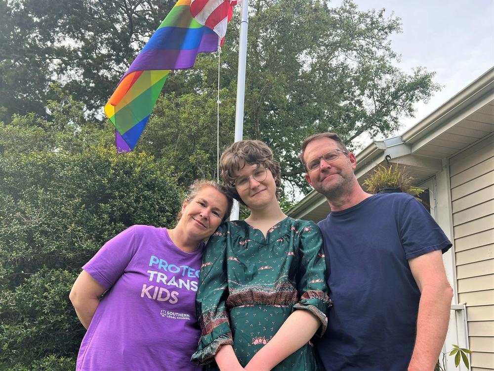 Josie's parents Eric (right) and Sarah (left) say it's going to be really hard not to have Josie around the house but say they're committed to continuing to fight for trans kids in Florida while she's away in Rhode Island.