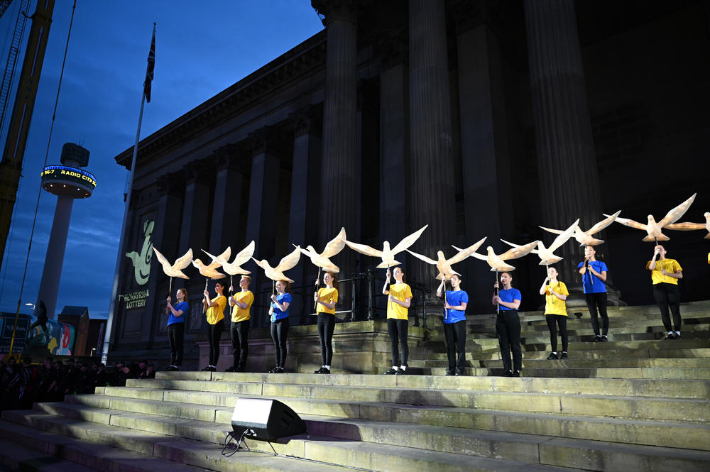 A performance in solidarity with Ukraine during the National Lottery's Big Eurovision Welcome event outside St. George's Hall on May 7 in Liverpool.