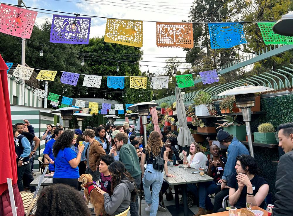 Writers meet up at Roadside Taco after picketing all afternoon.