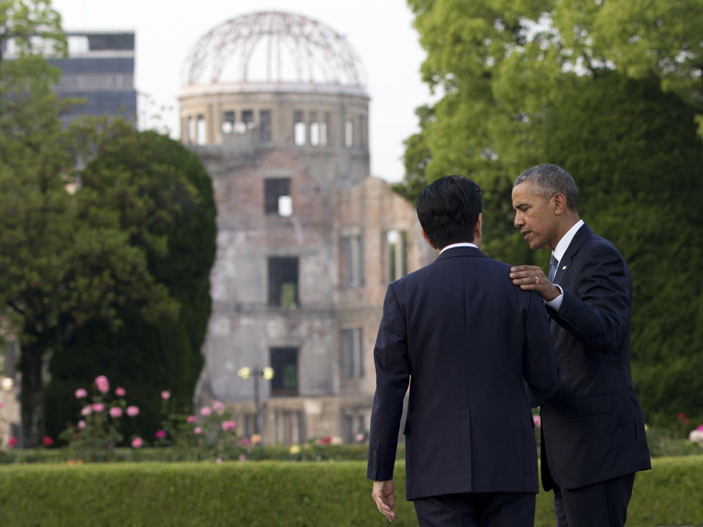 Former President Barack Obama and former Japanese Prime Minister Shinzo Abe in Hiroshima in 2016. Some 140,000 people were killed in the atomic bombing of the city during World War II.