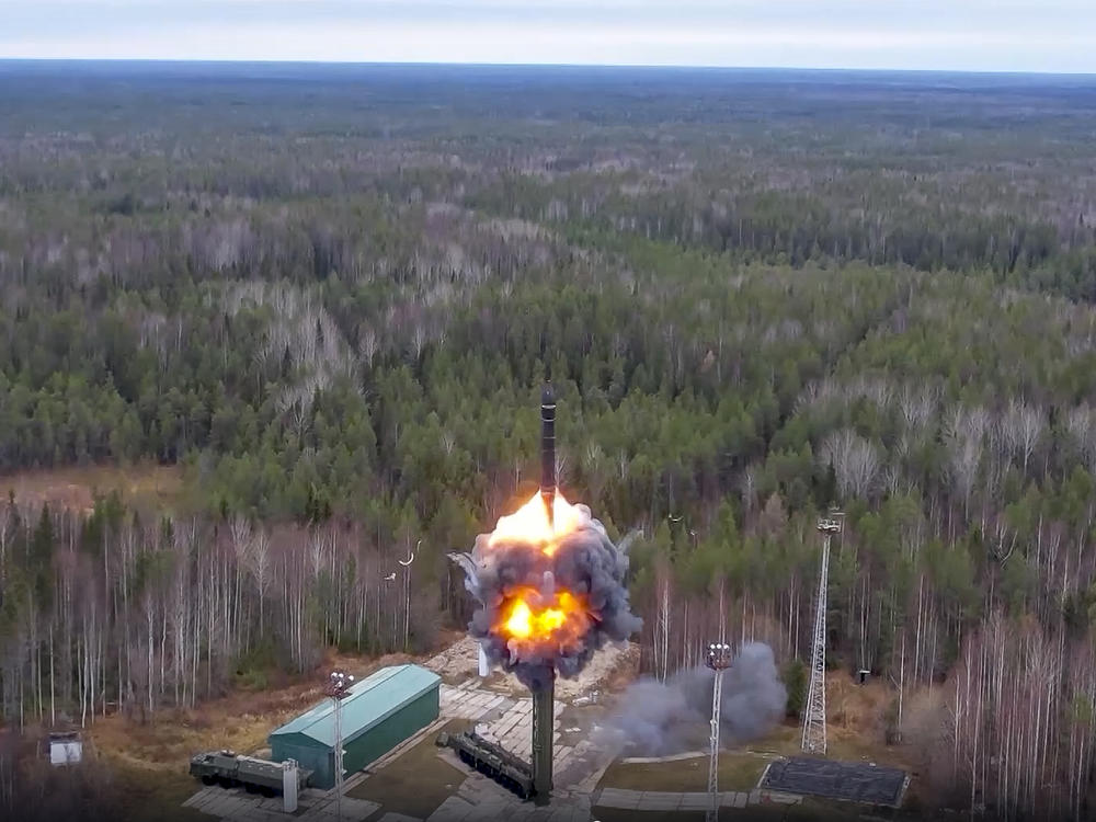 In this handout photo taken from video released by the Russian Defense Ministry on Oct. 26, 2022, a Yars intercontinental ballistic missile is test-fired as part of Russia's nuclear drills.