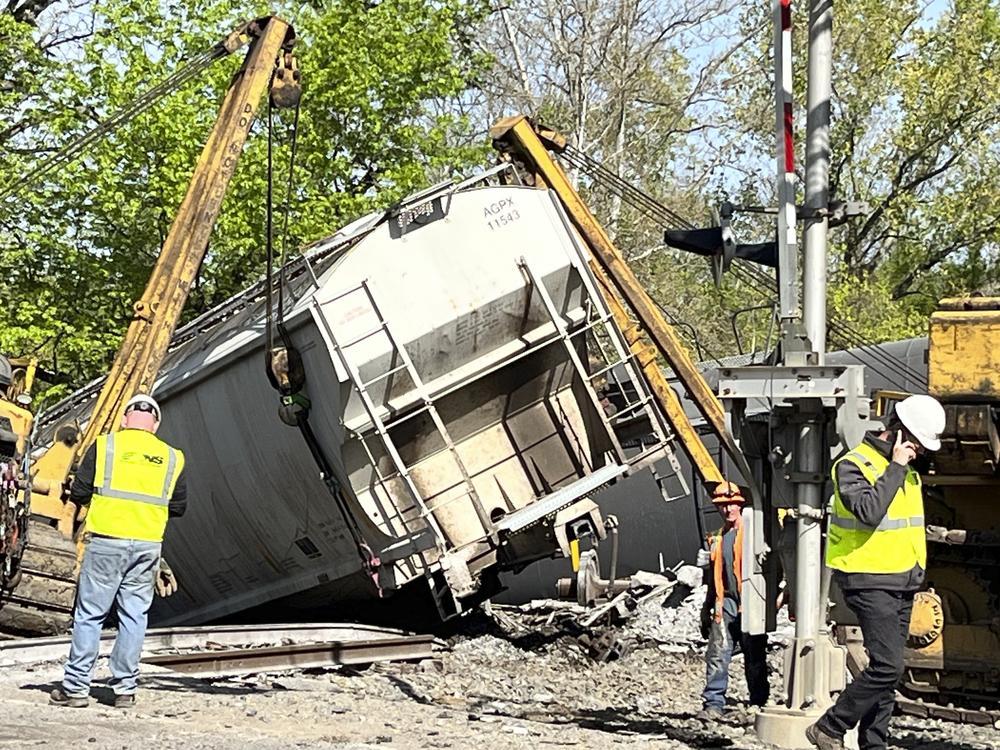 Recovery work is shown at the scene of a train derailment outside New Castle, Pa., on Thursday, May 11, 2023.