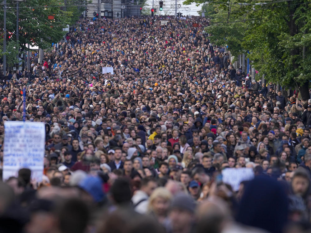 People march during a rally against violence in Belgrade, Serbia, on Friday, May 12, 2023.