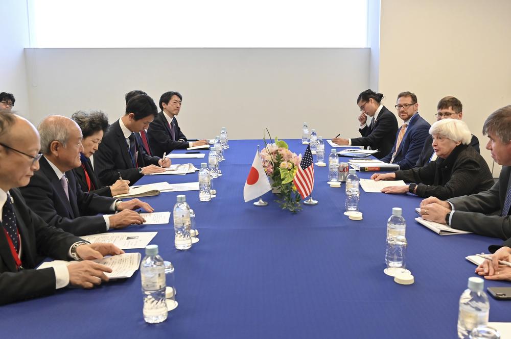 U.S. Treasury Secretary Janet Yellen, second right, and Japan's Finance Minister Shunichi Suzuki, second left, hold their meeting during the G-7 Finance Ministers and Central Bank Governors' Meeting in Niigata, Japan, on Saturday, May 13, 2023.