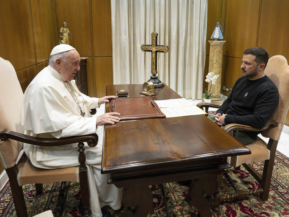 Pope Francis meets Ukrainian President Volodymyr Zelenskyy during a private audience at the Vatican on Saturday. Francis recently said that the Vatican has launched a behind-the-scenes initiative to try to end the war in Ukraine.