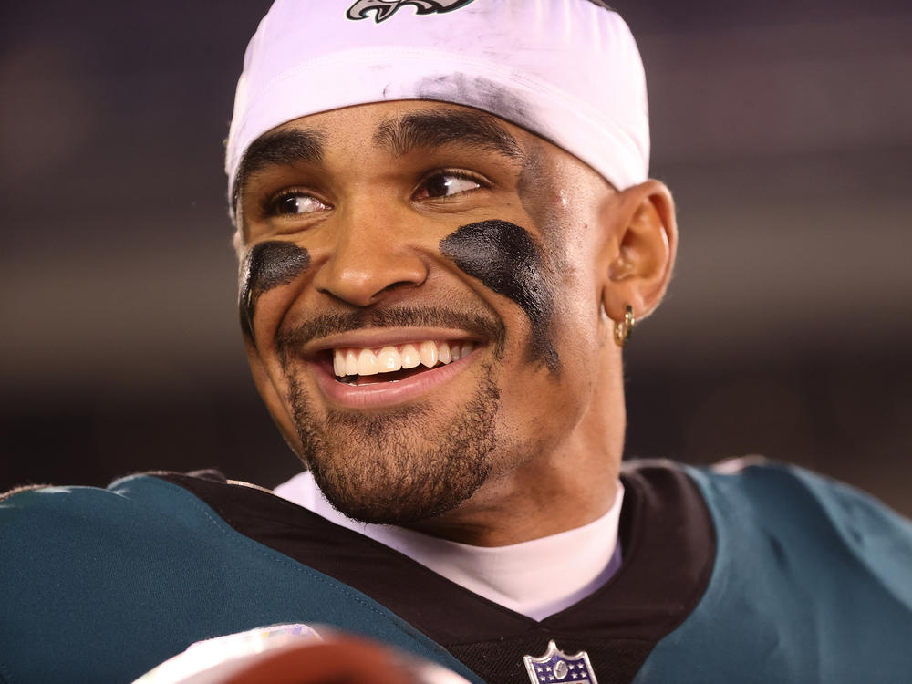 Philadelphia Eagles quarterback Jalen Hurts looks on after the team defeated the Dallas Cowboys on October 16, 2022, in Philadelphia.