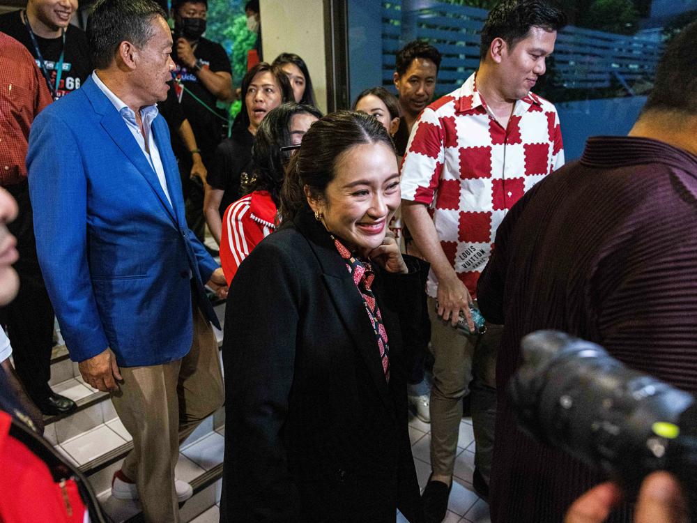 Paetongtarn Shinawatra and Srettha Thavisin, Thailand's Prime Ministerial Candidates for the Pheu Thai party, at party headquarters at the end of election day on May 14 in Bangkok, Thailand.