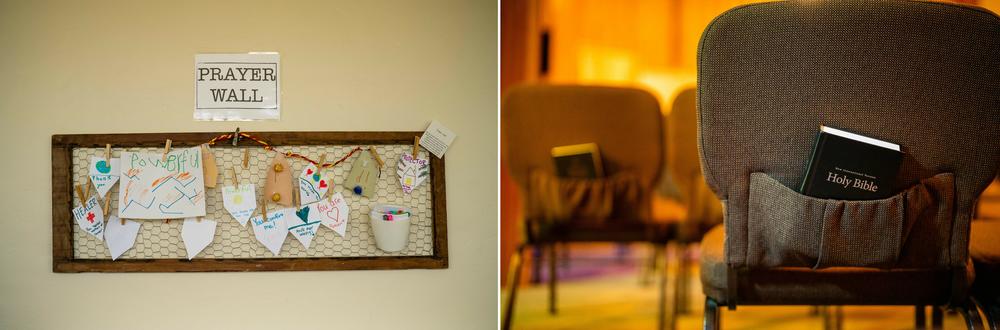 Left: A prayer wall inside the kids room at the Church of the Nazarene in Santa Cruz, Calif., on Monday. Right: Inside the Church of the Nazarene, which today is a community space for several nonprofits.
