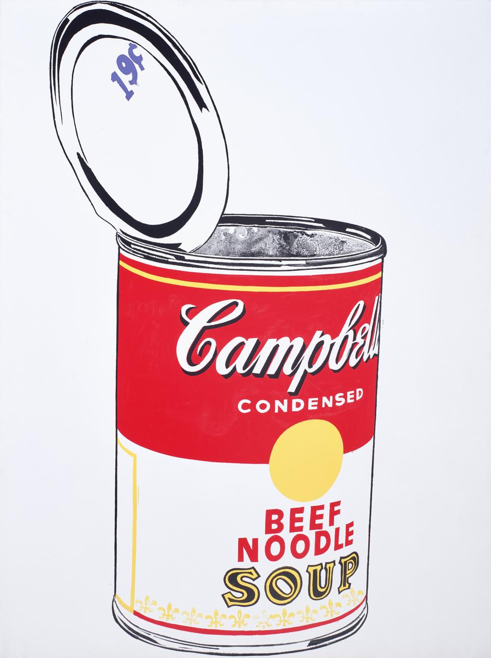 Andy Warhol,<em> Big Campbell's Soup Can, 19¢ (Beef Noodle) [Nineteen Cents],</em> 1962. Casein and graphite on canvas, The Menil Collection, Houston.
