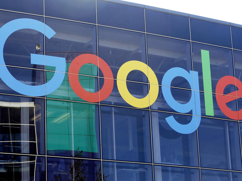 A sign is shown on a Google building at their campus in Mountain View, Calif., Sept. 24, 2019.