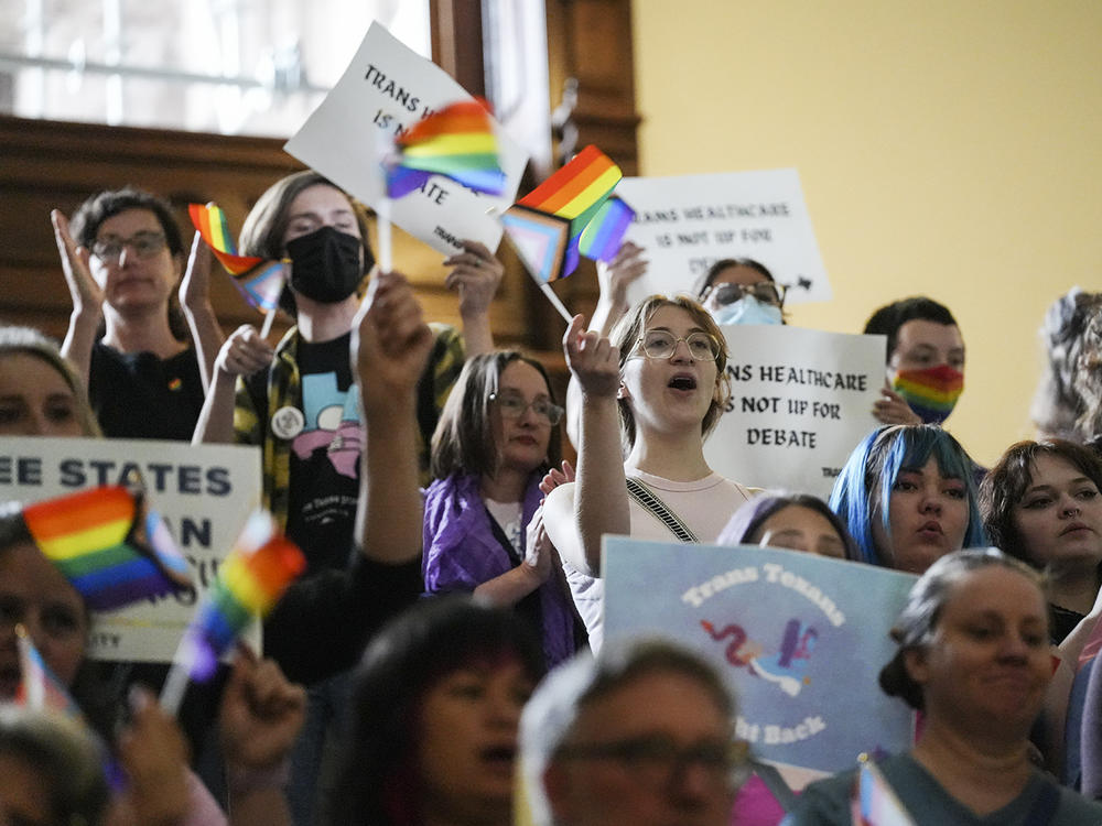 LGBTQ+ activists protest Senate Bill 14 at the Texas Capitol, Friday, May 12, 2023, in Austin, Texas.