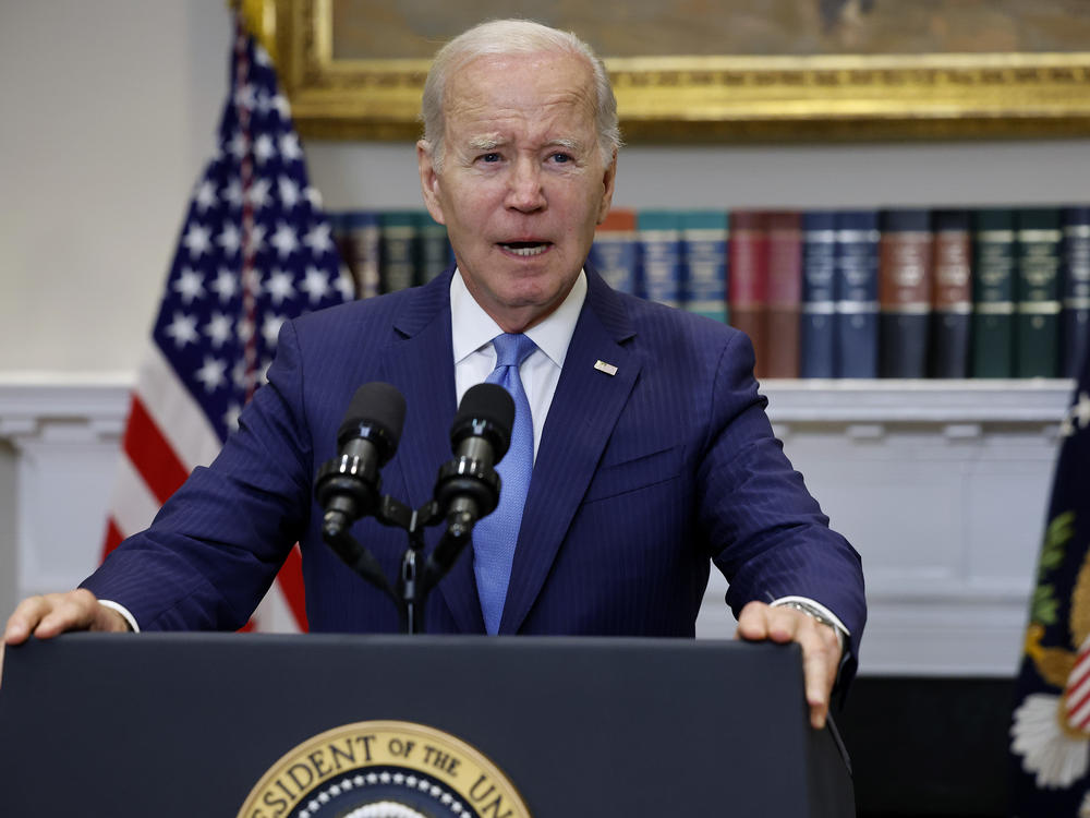 President Biden delivers a brief update of the ongoing negotiations over the debt limit at the White House before leaving for Japan on May 17, 2023 in Washington, DC.