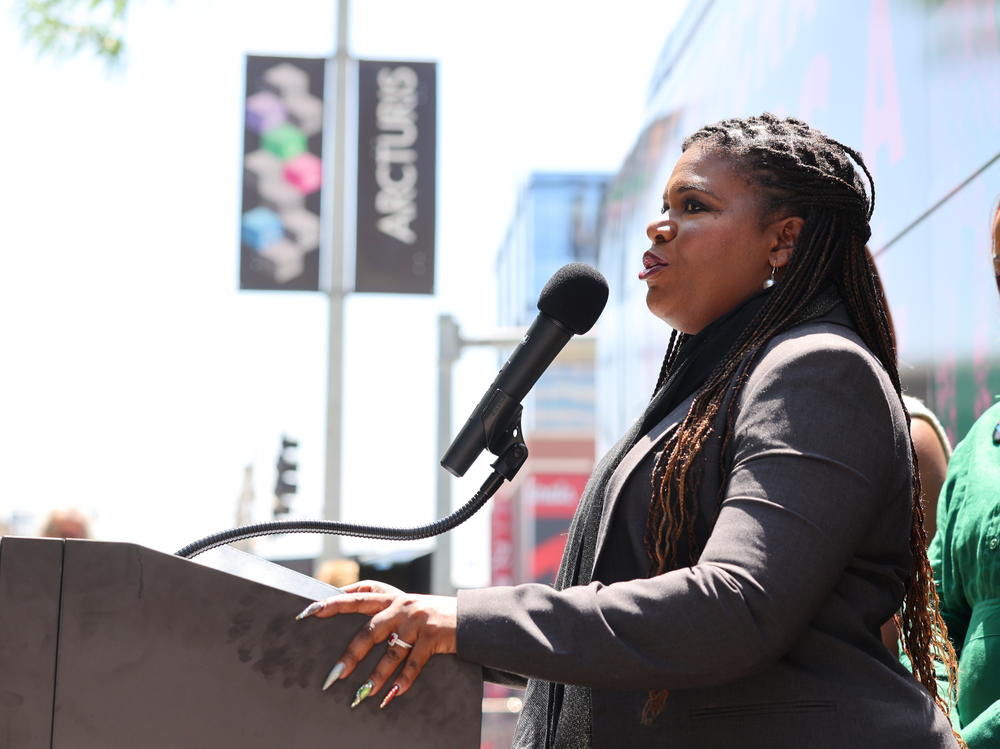 Representative Cori Bush speaks during a press conference held by Just Majority on May 8, 2023 in St Louis, Missouri.