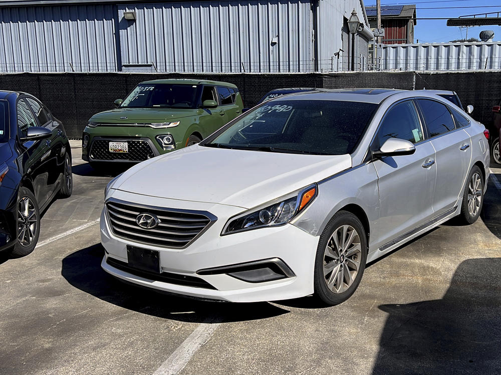 A Hyundai sedan sits in the parking lot of East Bay Tow Inc., where Attorney General Rob Bonta held a news conference last month in Berkeley, Calif., about the surge in thefts of Kia and Hyundai vehicles. The Korean carmakers agreed to a $200 million settlement over claims that their cars are too easy to steal.