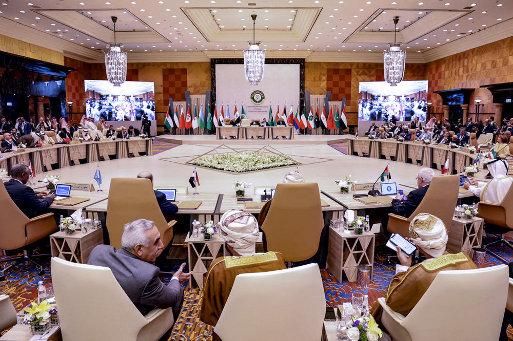 Delegates attend a prep meeting ahead of the Arab League summit in Jeddah, Saudi Arabia, on Thursday.