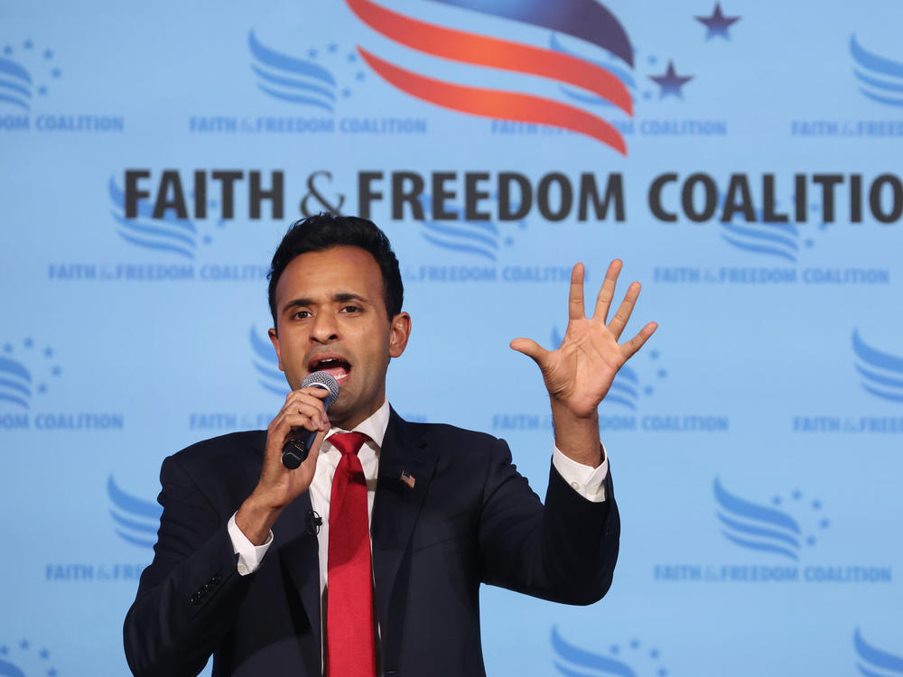 Republican presidential candidate businessman Vivek Ramaswamy speaks to guests at the Iowa Faith & Freedom Coalition Spring Kick-Off on April 22, 2023 in Clive, Iowa.